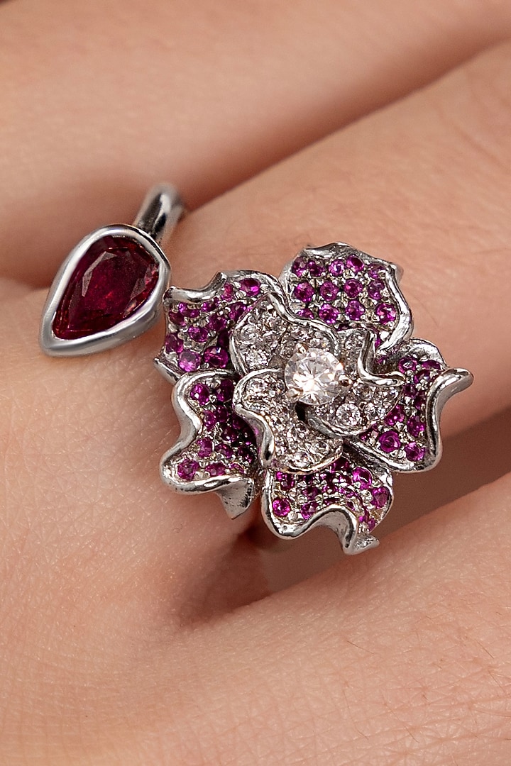 Silver Plated Ruby Stone Floral Ring by Opalina at Pernia's Pop Up Shop