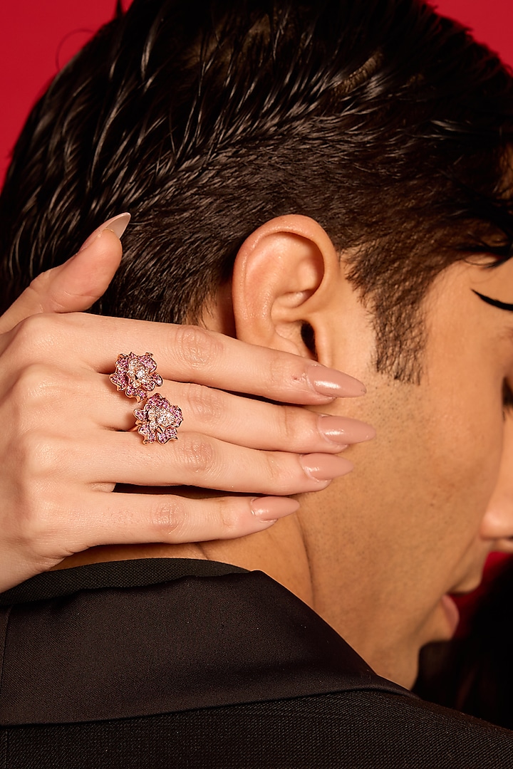 Rose Gold Plated Ruby Stone Floral Ring by Opalina at Pernia's Pop Up Shop