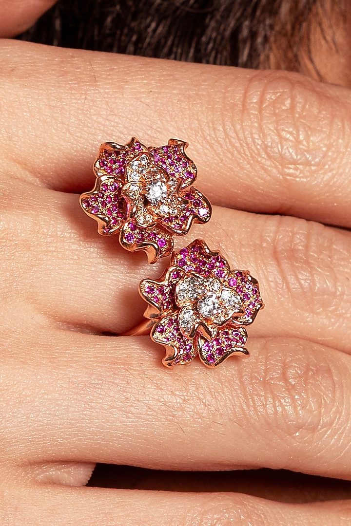 Rose Gold Plated Ruby Stone Floral Ring by Opalina at Pernia's Pop Up Shop