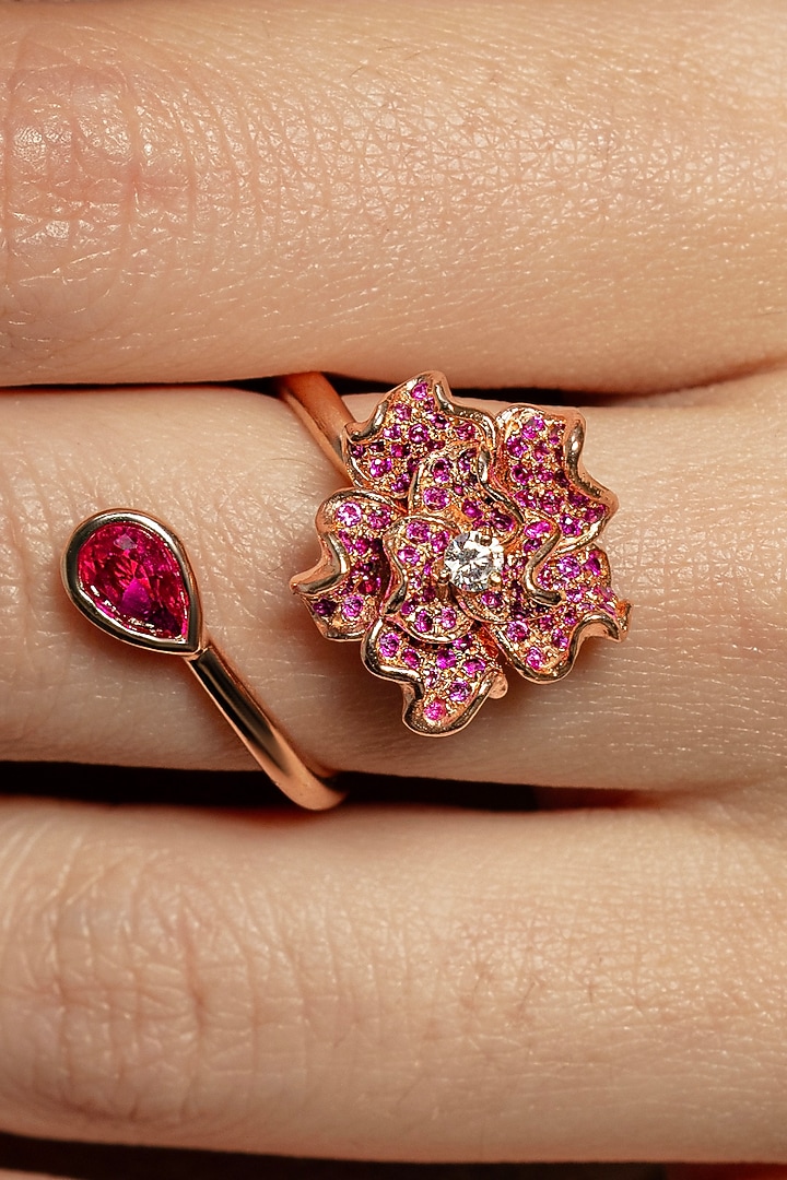 Rose Gold Plated Ruby Stone Floral Ring by Opalina at Pernia's Pop Up Shop