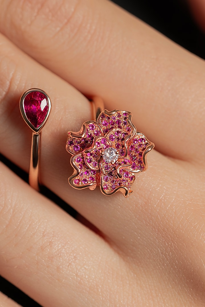 Rose Gold Plated Ruby Stone Floral Ring by Opalina at Pernia's Pop Up Shop