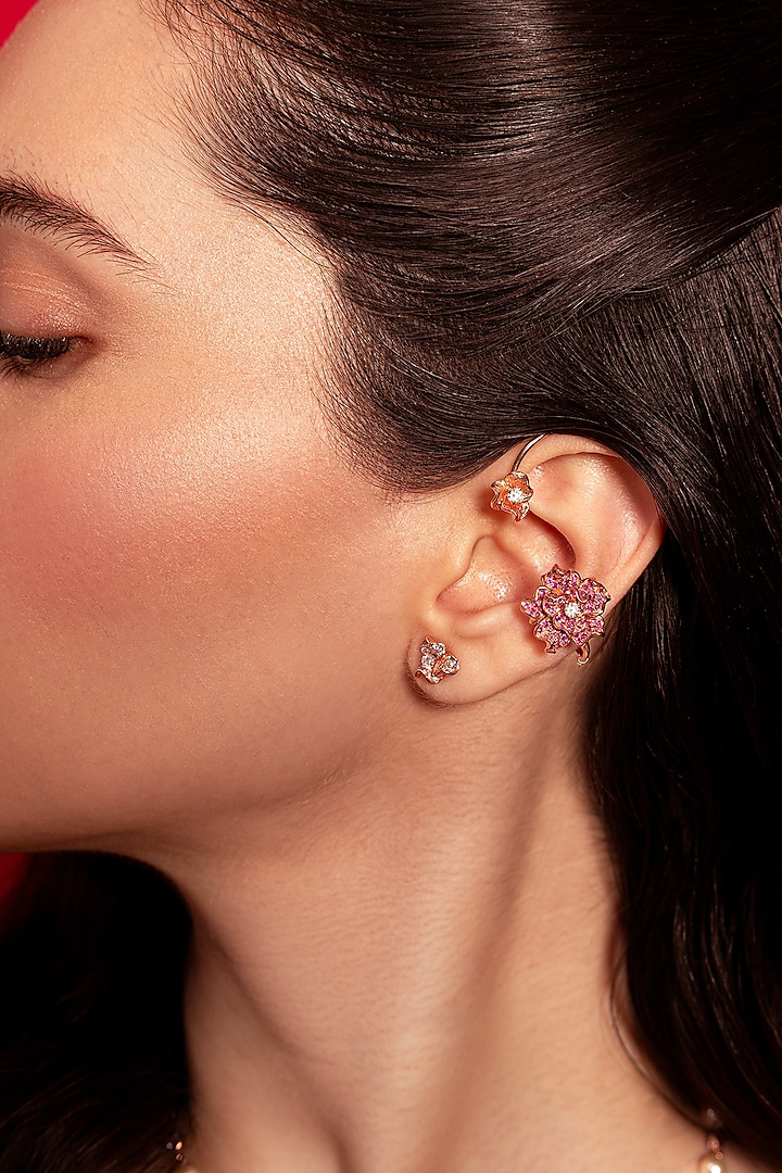 Rose Gold Plated Ruby Stone Handcrafted Floral Earcuffs by Opalina at Pernia's Pop Up Shop