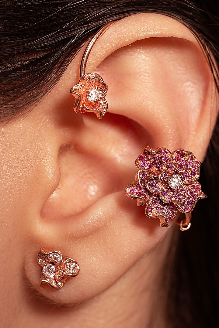 Rose Gold Plated Ruby Stone Handcrafted Floral Earcuffs by Opalina at Pernia's Pop Up Shop