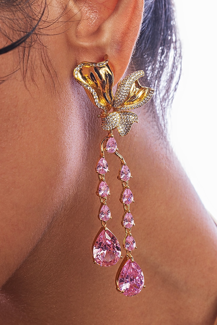 Gold Plated Pink Rose Quartz Handcrafted Dangler Earrings by Opalina at Pernia's Pop Up Shop
