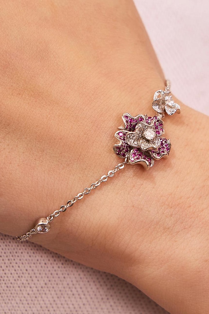 Silver Plated Pink Ruby Stone Floral Handcrafted Bracelet by Opalina at Pernia's Pop Up Shop
