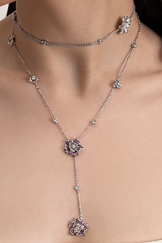Silver Plated Pink Ruby Stone Layered Pendant Necklace by Opalina