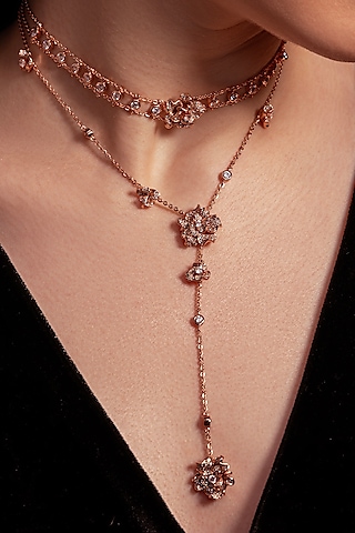 Rose Gold Plated White Stone Floral Pendant Necklace by Opalina