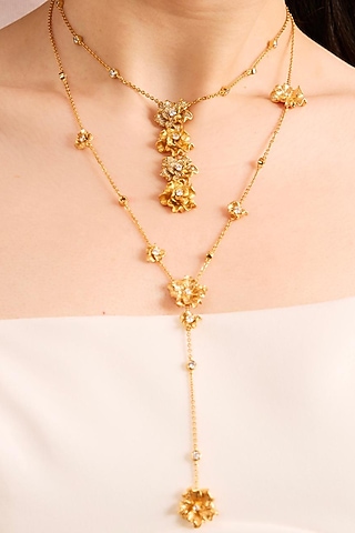 Gold Plated White Stone Floral Pendant Necklace by Opalina