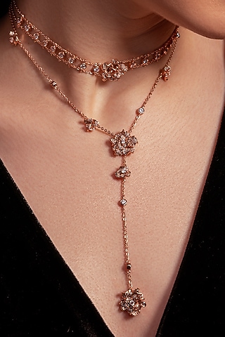 Rose Gold Plated Diamond Floral Choker Necklace by Opalina