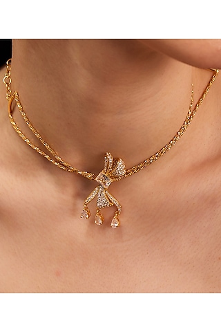 Gold Plated Diamond Handcrafted Bow Choker Necklace by Opalina