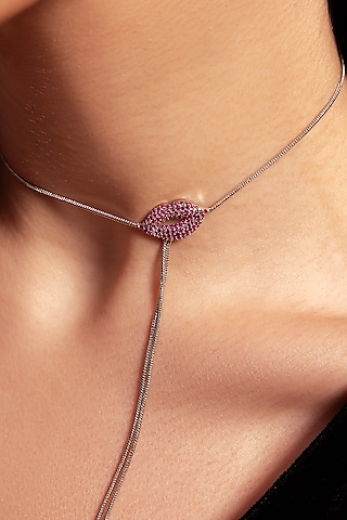 Silver Plated Pink Ruby Stone Handcrafted Long Necklace by Opalina