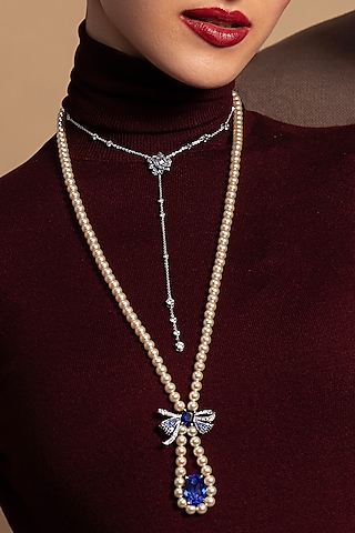 Silver Plated Swarovski Pearl Handcrafted Long Necklace by Opalina