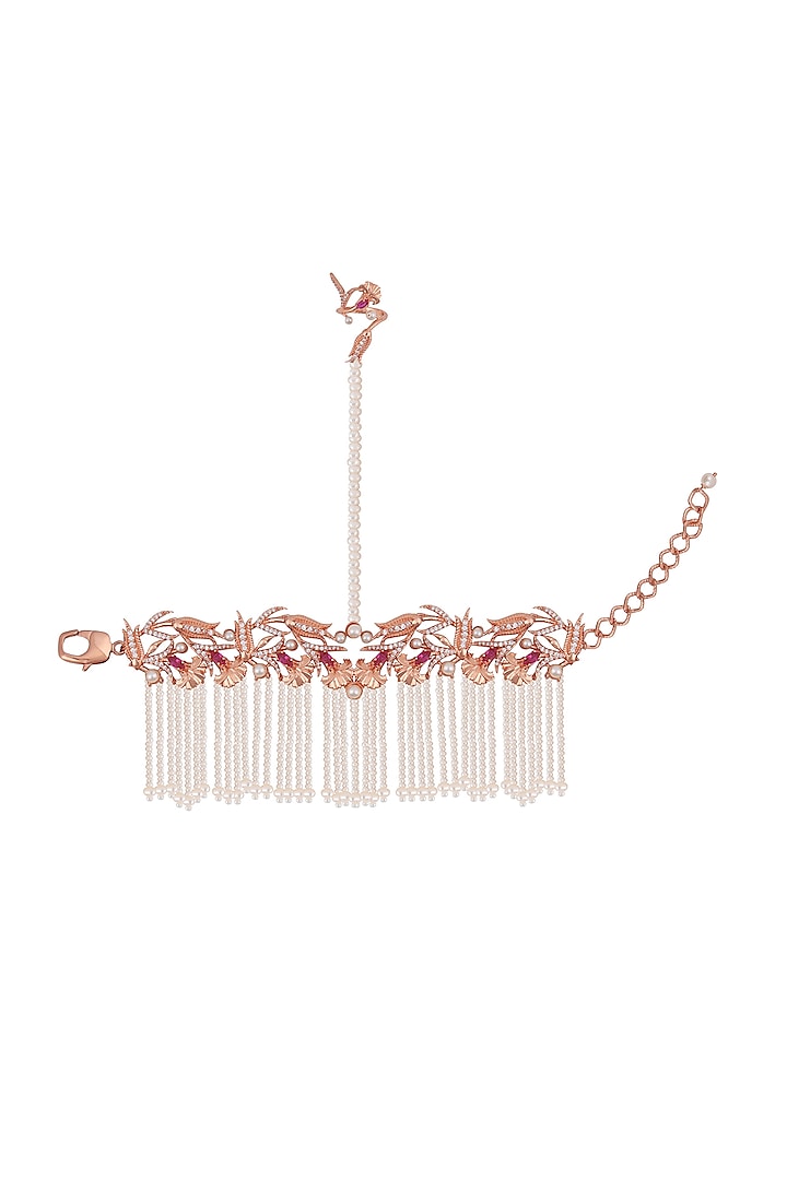 Rose Gold Plated Pearl Hand Harness With Rings by Opalina