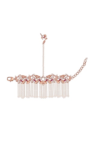 Rose Gold Plated Swarovski Crystal Hand Harness With Rings (Set Of 5) by Opalina