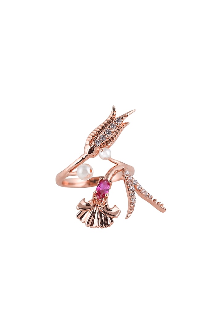 Rose Gold Plated Swarovski Crystal Floral Motifs Ring by Opalina