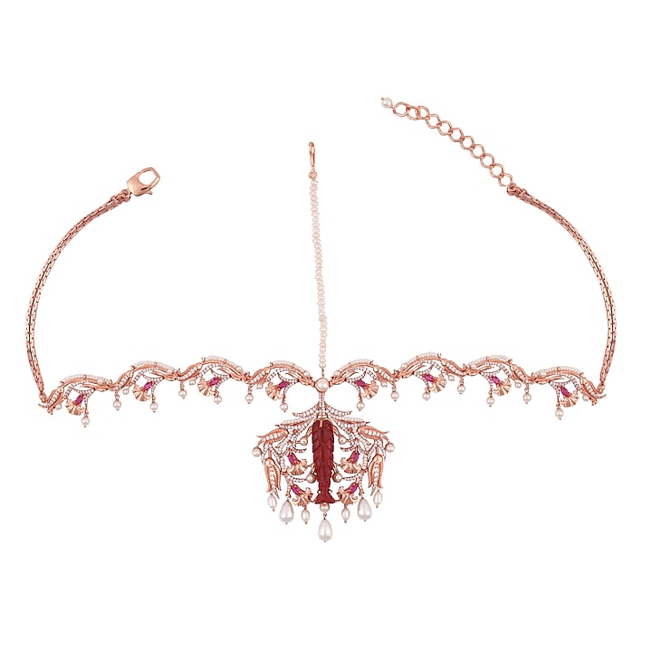 Rose Gold Plated Swarovski Crystal & Pearls Carved Head Piece by Opalina