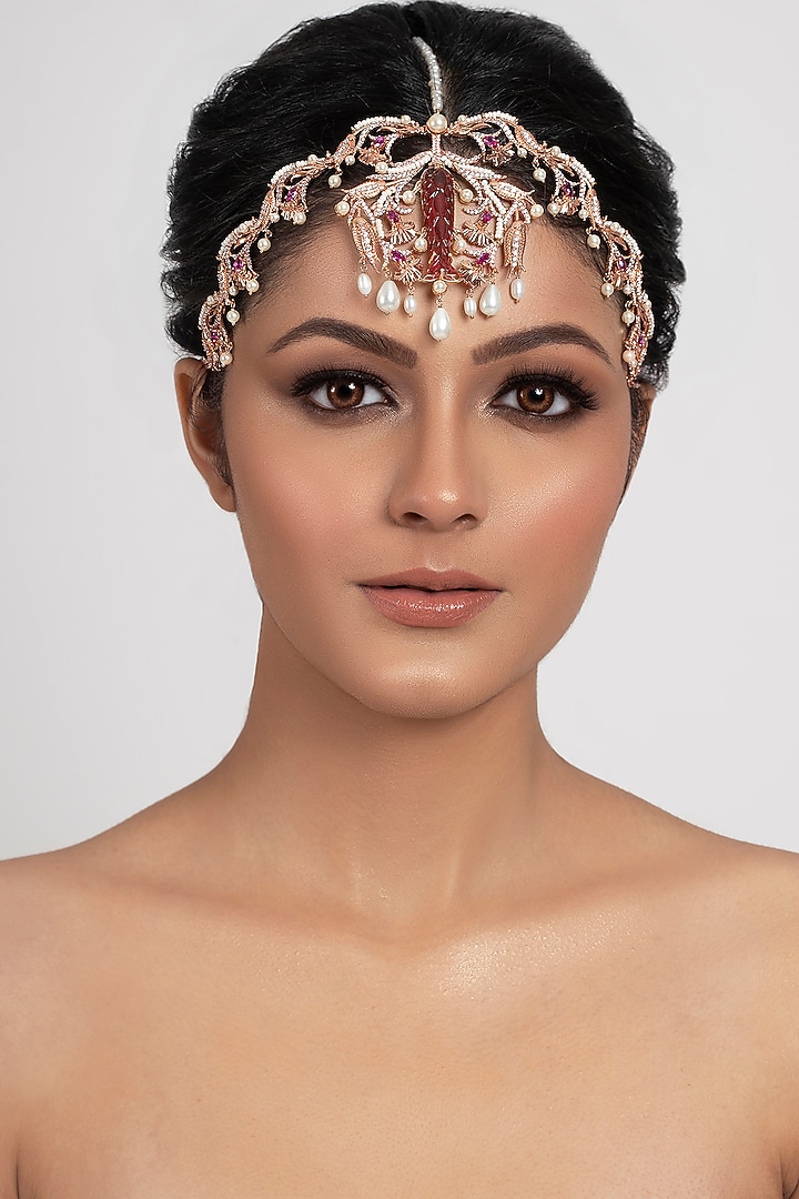 Rose Gold Plated Swarovski Crystal & Pearls Carved Head Piece by Opalina at Pernia's Pop Up Shop
