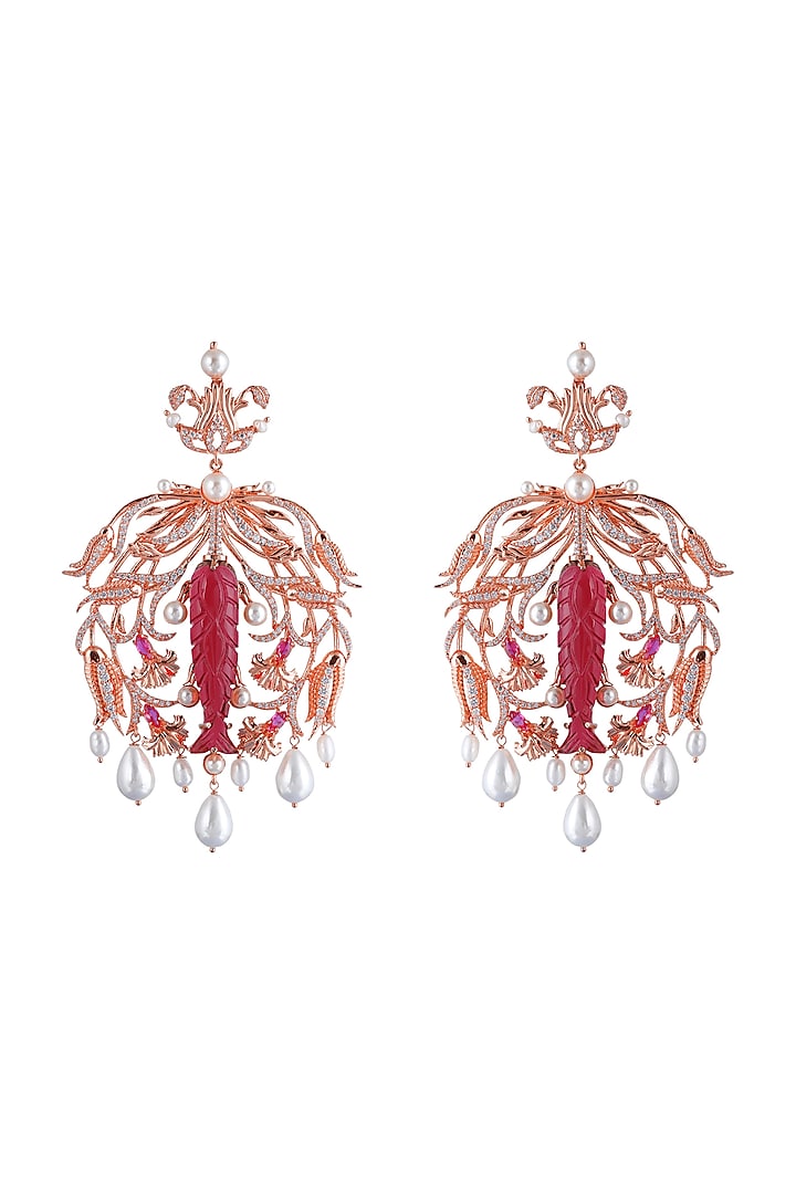 Rose Gold Plated Swarovski Crystal & Pearls Dangler Earrings by Opalina