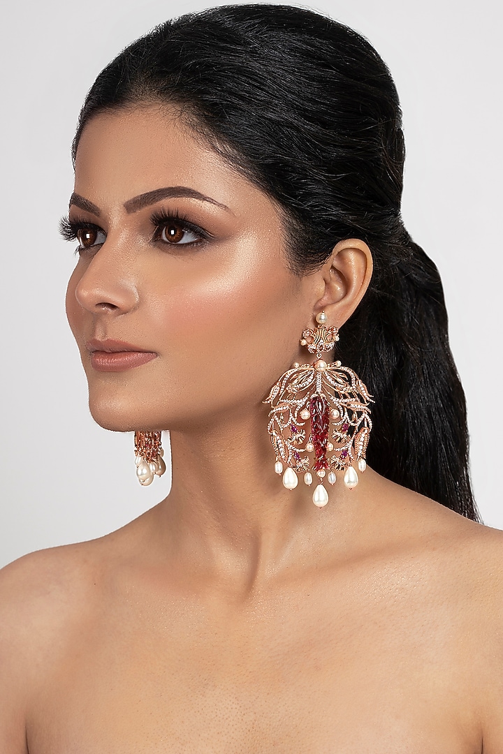 Rose Gold Plated Swarovski Crystal & Pearls Dangler Earrings by Opalina at Pernia's Pop Up Shop