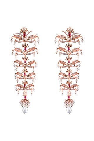Rose Gold Plated Pearls Leaf Dangler Earrings by Opalina