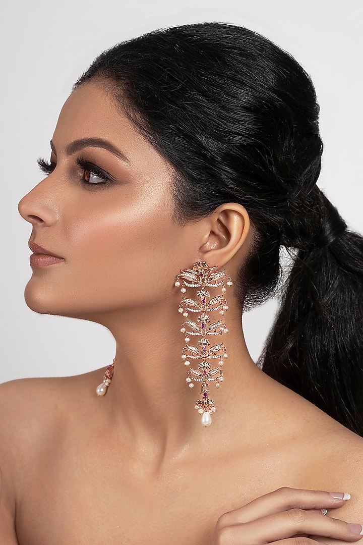Rose Gold Plated Pearls Leaf Dangler Earrings by Opalina at Pernia's Pop Up Shop