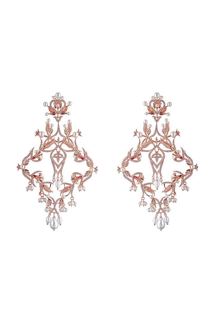 Rose Gold Plated Swarovski Crystal & Pearl Leaf Dangler Earrings by Opalina