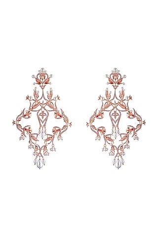 Rose Gold Plated Swarovski Crystal & Pearl Leaf Dangler Earrings by Opalina