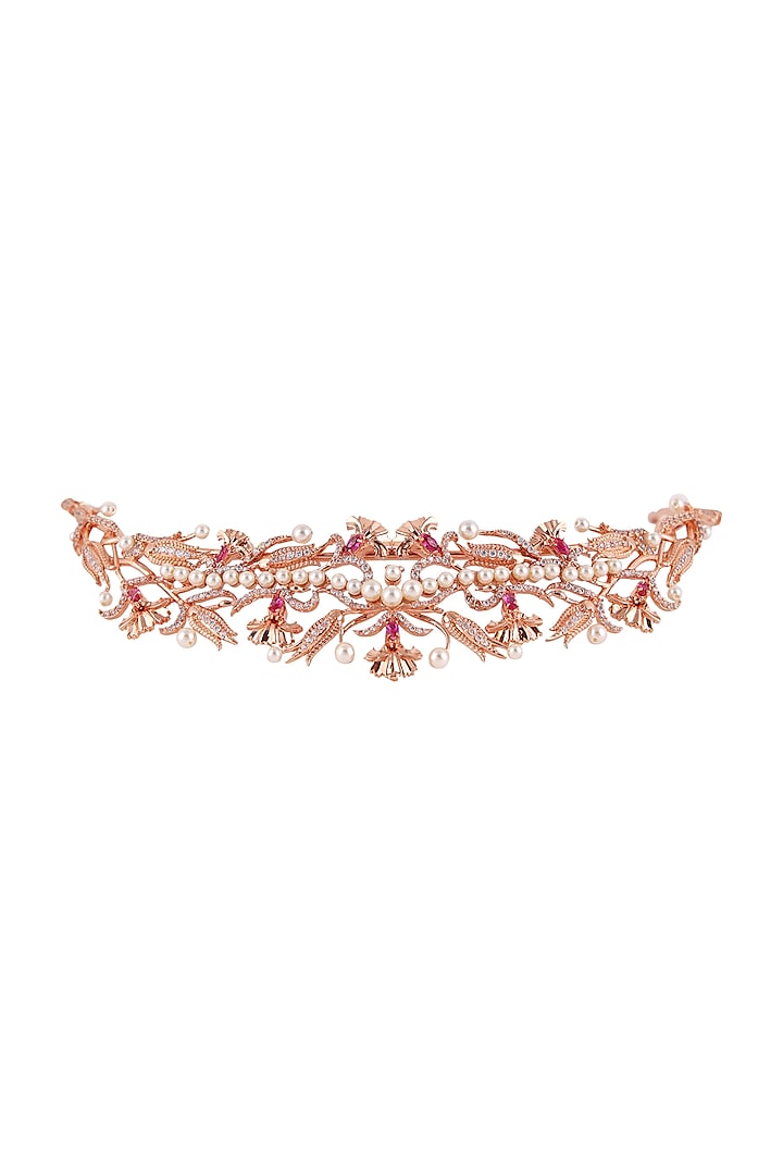 Rose Gold Plated Swarovski Crystal & Pearls Persian Tulip Head Piece by Opalina