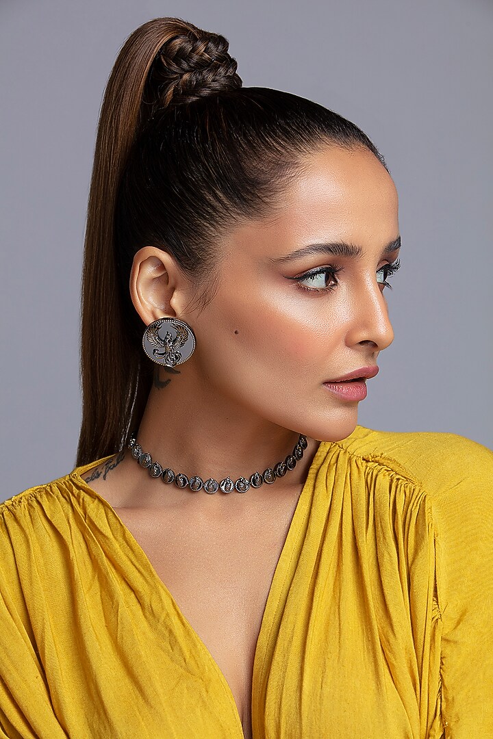 Gunmetal Finish Phoenix Motif Stud Earrings by Opalina at Pernia's Pop Up Shop