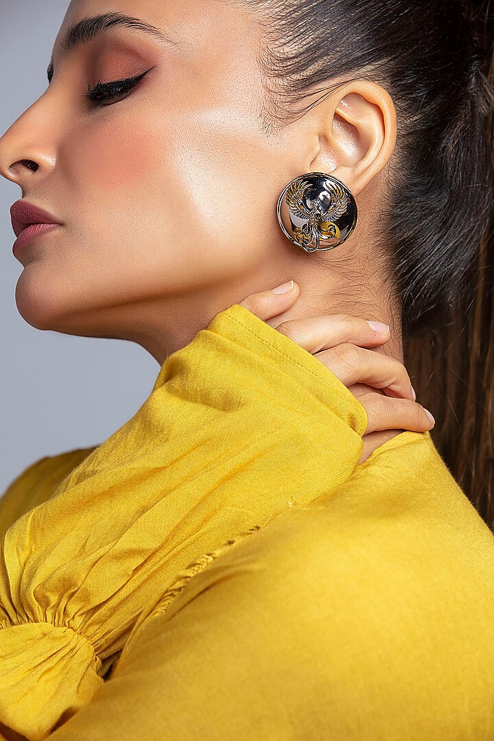 Gunmetal Finish Stud Earrings With Phoenix Motif by Opalina at Pernia's Pop Up Shop