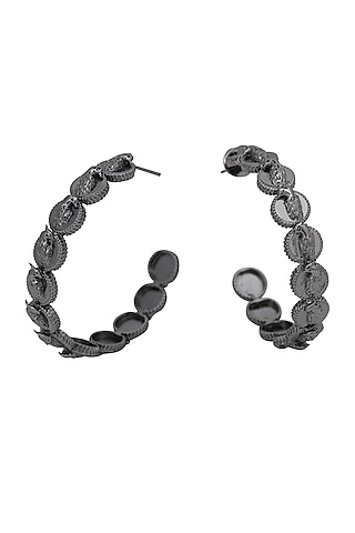 Gunmetal Finish Phoenix Coins Hoop Earrings by Opalina