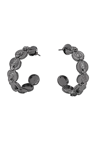 Gunmetal Finish Hoop Earrings With Phoenix Coins by Opalina