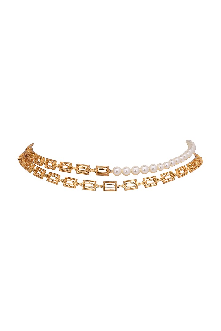 Gold Finish Long Necklace With Pearls by Opalina at Pernia's Pop Up Shop