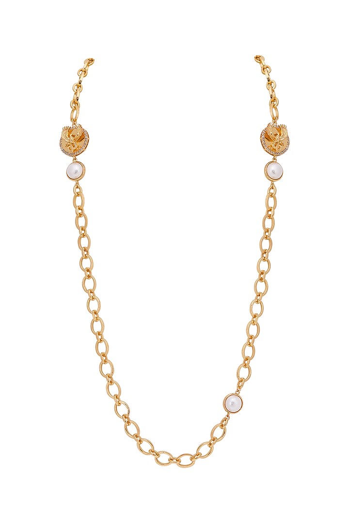 Gold Finish Phoenix Motif & Pearl Long Necklace by Opalina at Pernia's Pop Up Shop