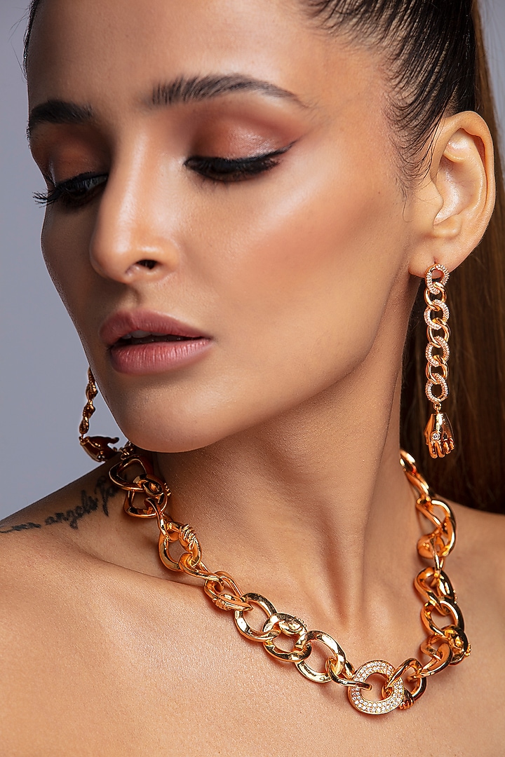 Gold Finish Zircon Textured Necklace by Opalina at Pernia's Pop Up Shop