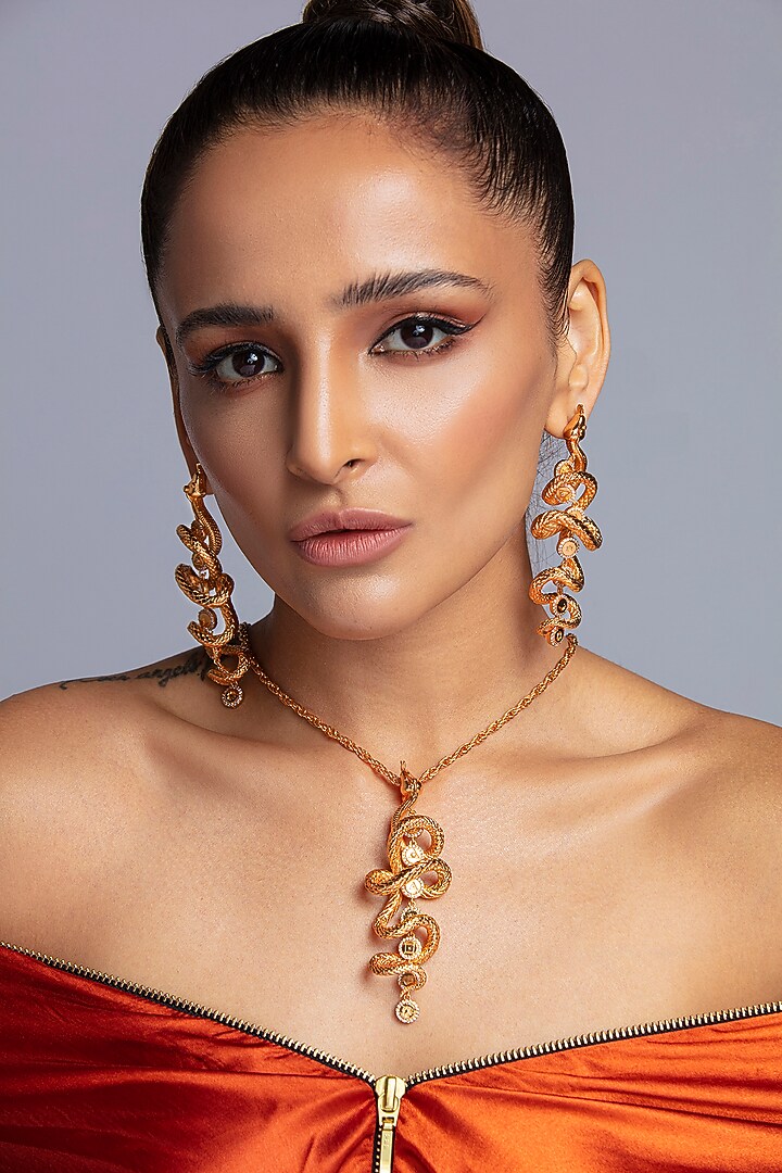 Gold Finish Seven Chakras & Coiled Snake Necklace by Opalina at Pernia's Pop Up Shop