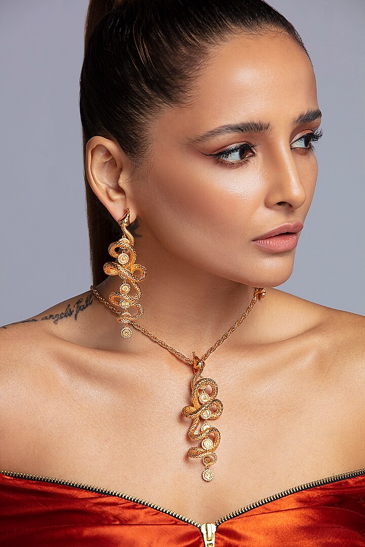 Gold Finish Seven Chakras & Coiled Snake Earrings by Opalina at Pernia's Pop Up Shop