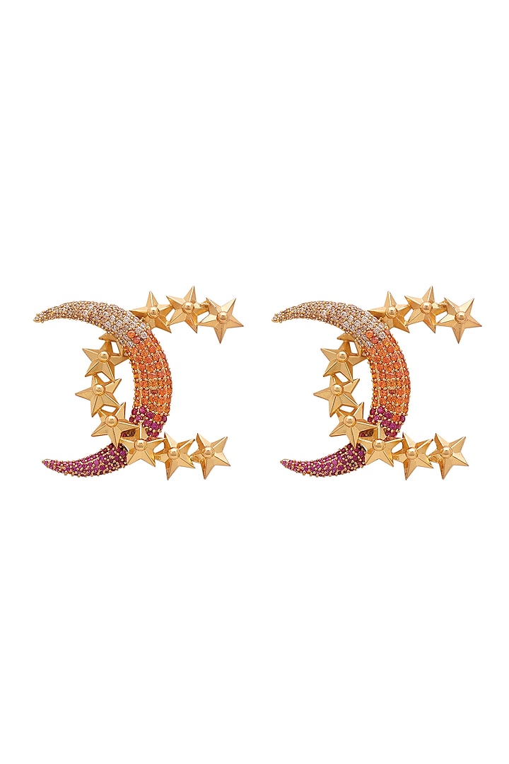 Gold Finish Crystal Encrusted Crescent Stud Earrings by Opalina