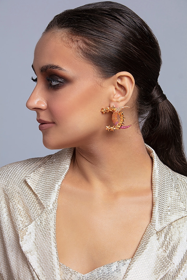 Gold Finish Crystal Encrusted Crescent Stud Earrings by Opalina at Pernia's Pop Up Shop