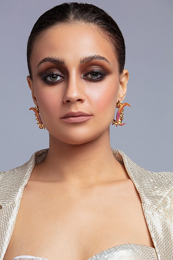Gold Finish Stud Earrings With Crystal Crescents by Opalina at Pernia's Pop Up Shop