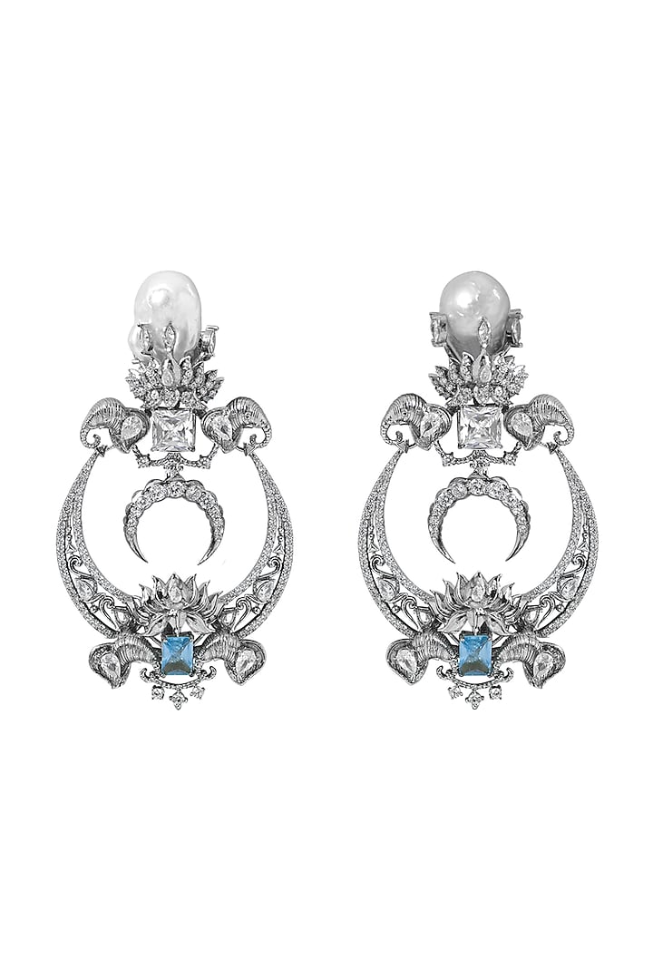 White Plated Swarovski Chandbali Earrings by Opalina