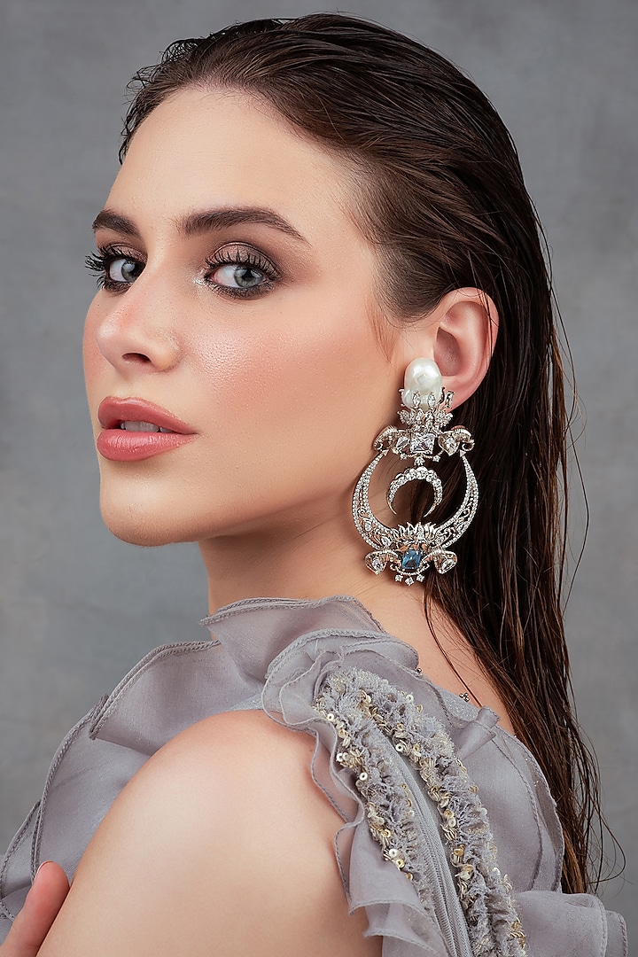 White Plated Swarovski Chandbali Earrings by Opalina at Pernia's Pop Up Shop