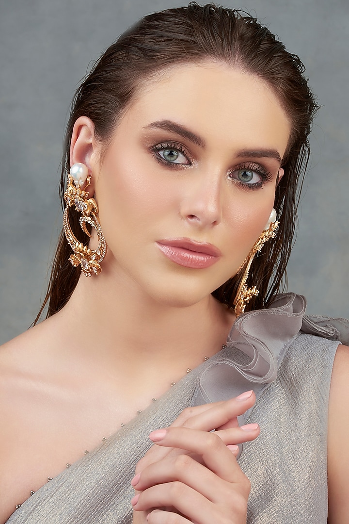 Gold Finish Swarovski Chandbali Earrings by Opalina at Pernia's Pop Up Shop
