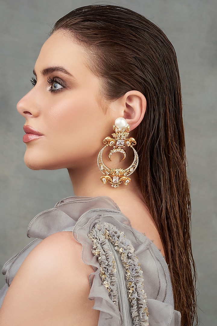 Gold Finish Swarovski Chandbali Earrings by Opalina at Pernia's Pop Up Shop