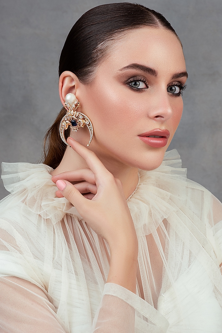 Rose Gold Plated Swarovski & Sapphire Dangler Earrings by Opalina at Pernia's Pop Up Shop
