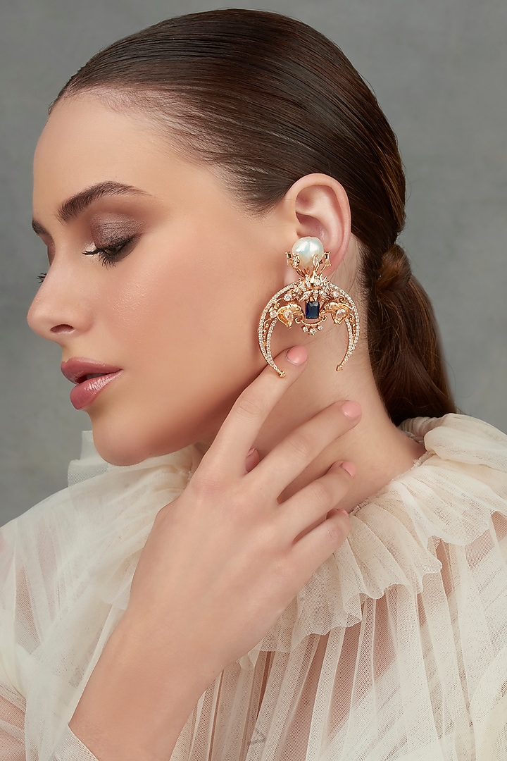 Rose Gold Plated Swarovski & Sapphire Dangler Earrings by Opalina at Pernia's Pop Up Shop