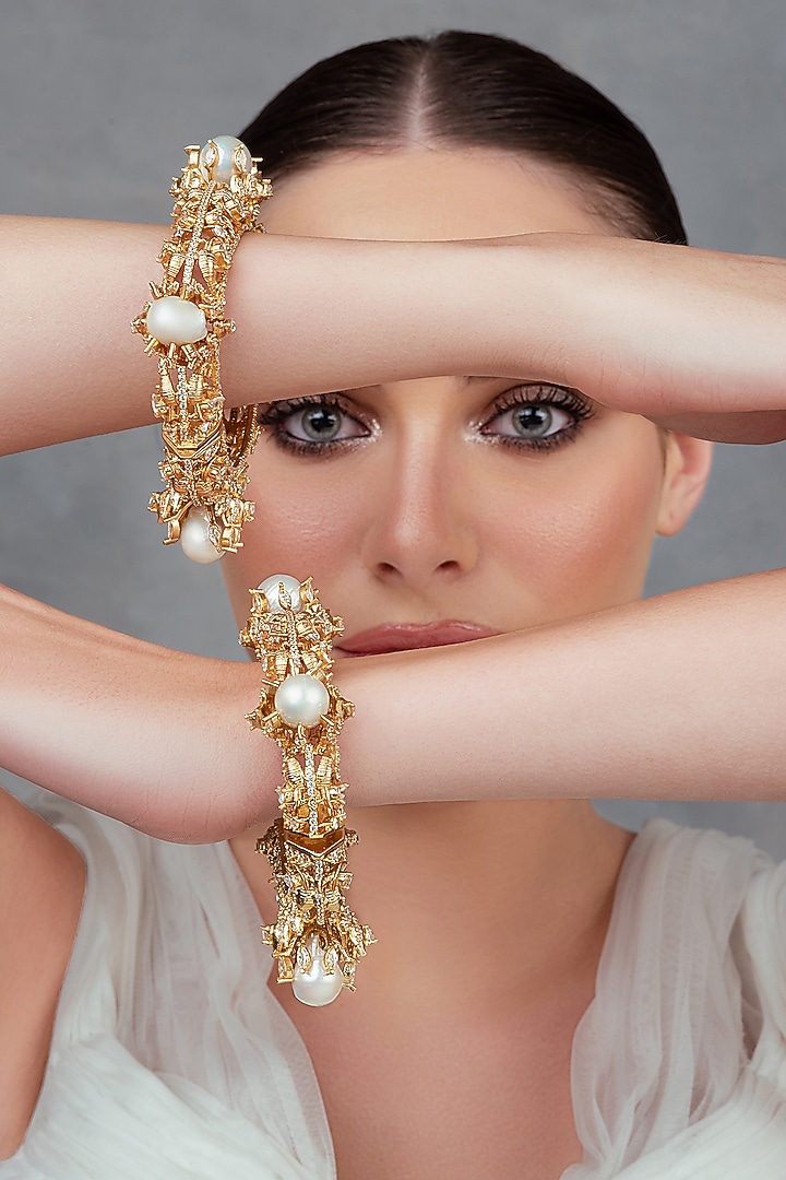 Gold Plated Swarovski Bangles (Set Of 2) by Opalina at Pernia's Pop Up Shop