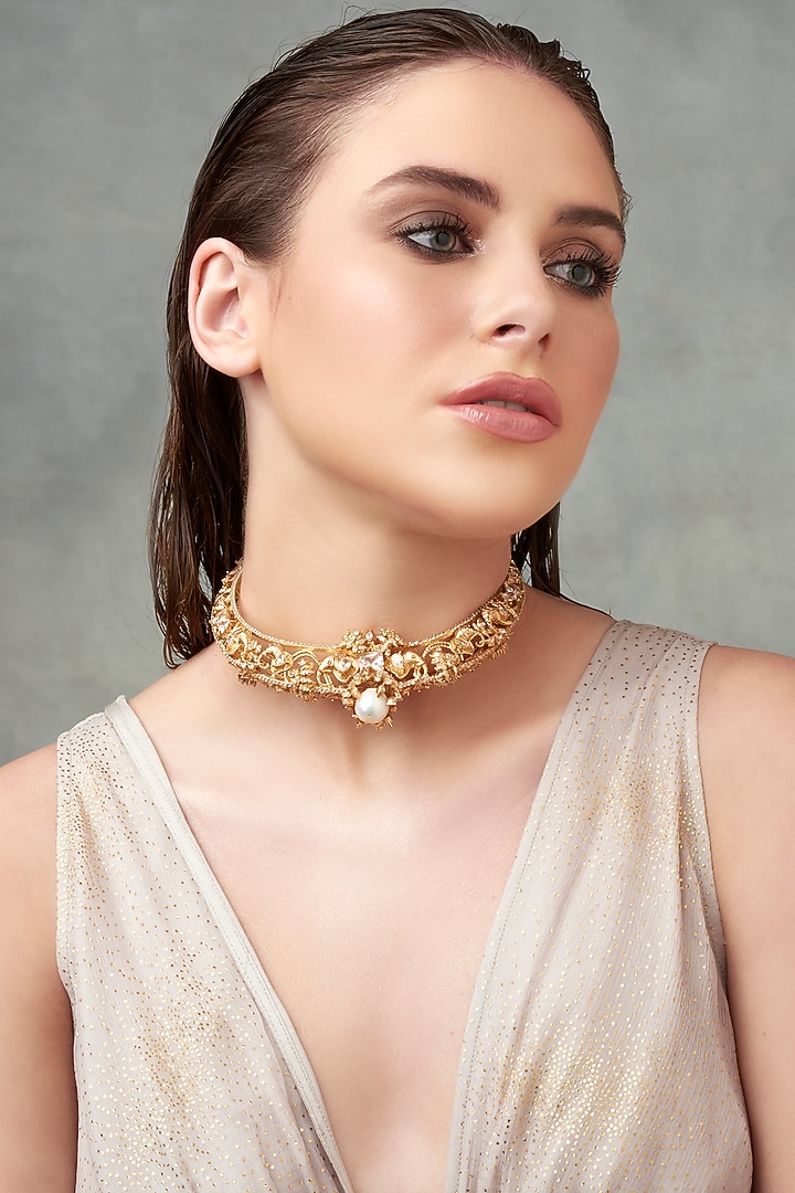 Gold Plated Swarovski & Baroque Pearls Necklace by Opalina at Pernia's Pop Up Shop