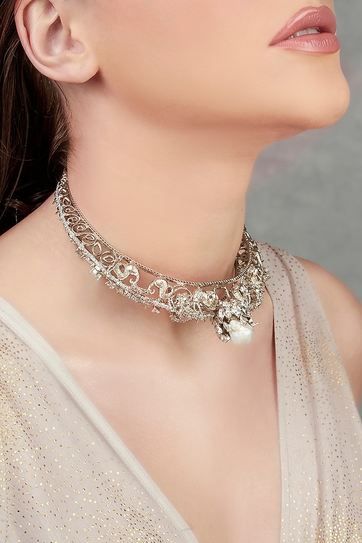 White Plated Swarovski & Baroque Pearls Necklace by Opalina at Pernia's Pop Up Shop