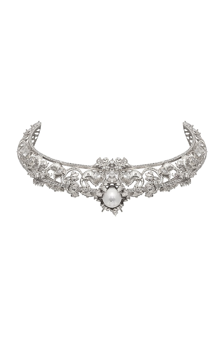 White Plated Swarovski & Baroque Pearls Necklace by Opalina at Pernia's Pop Up Shop